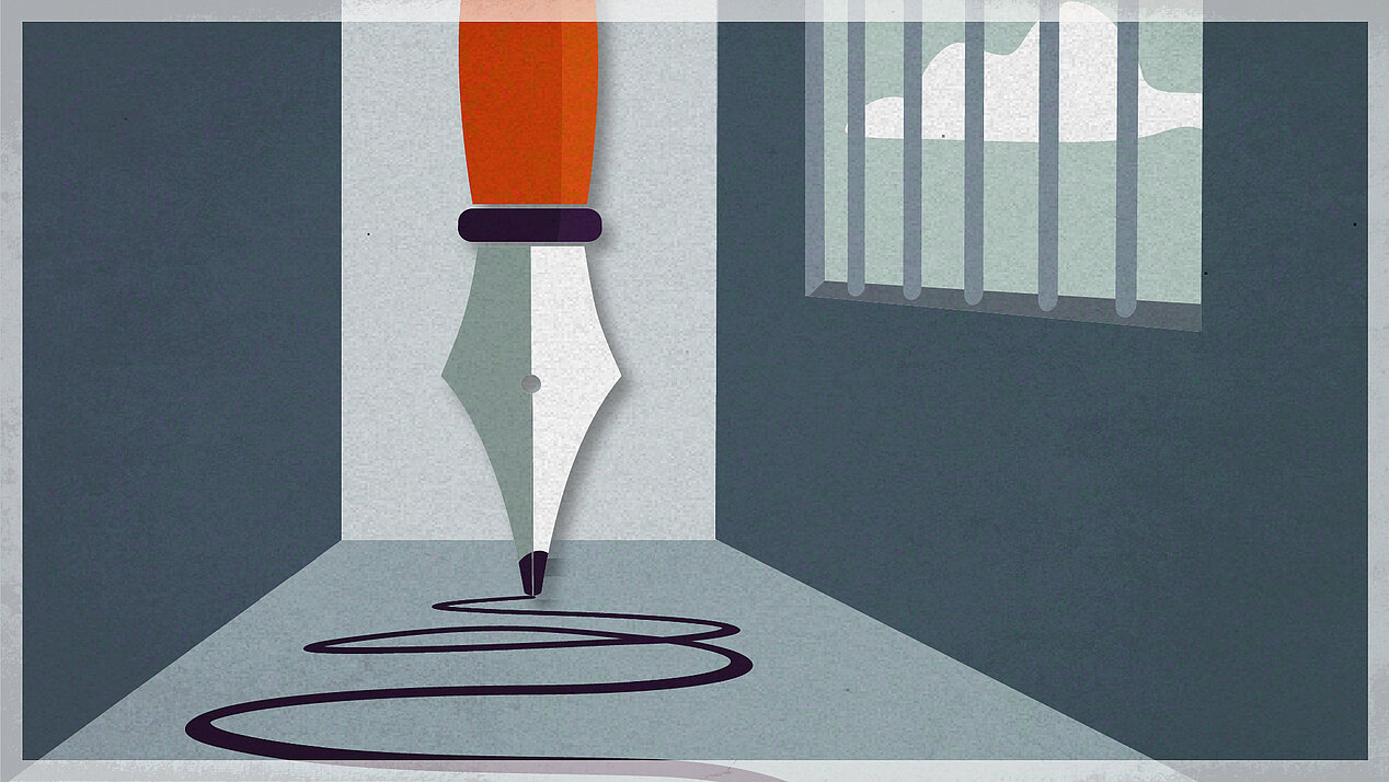 Illustration: Eine Schreibfeder hinter Gittern