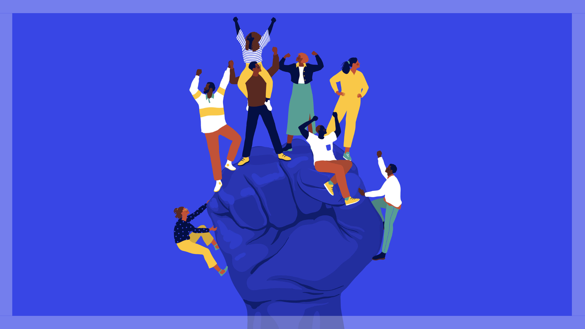 Illustration shows a large fist pointing to victory and POC climbing up it and also raising their fists to the sky.