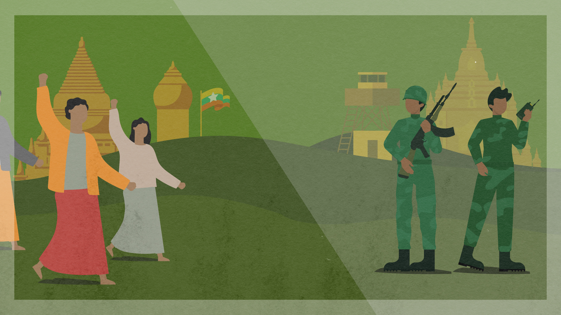 The illustration shows temples in Myanmar in the background, as well as a military guard tower and, in the foreground, demonstrating citizens on the left and two soldiers on the right