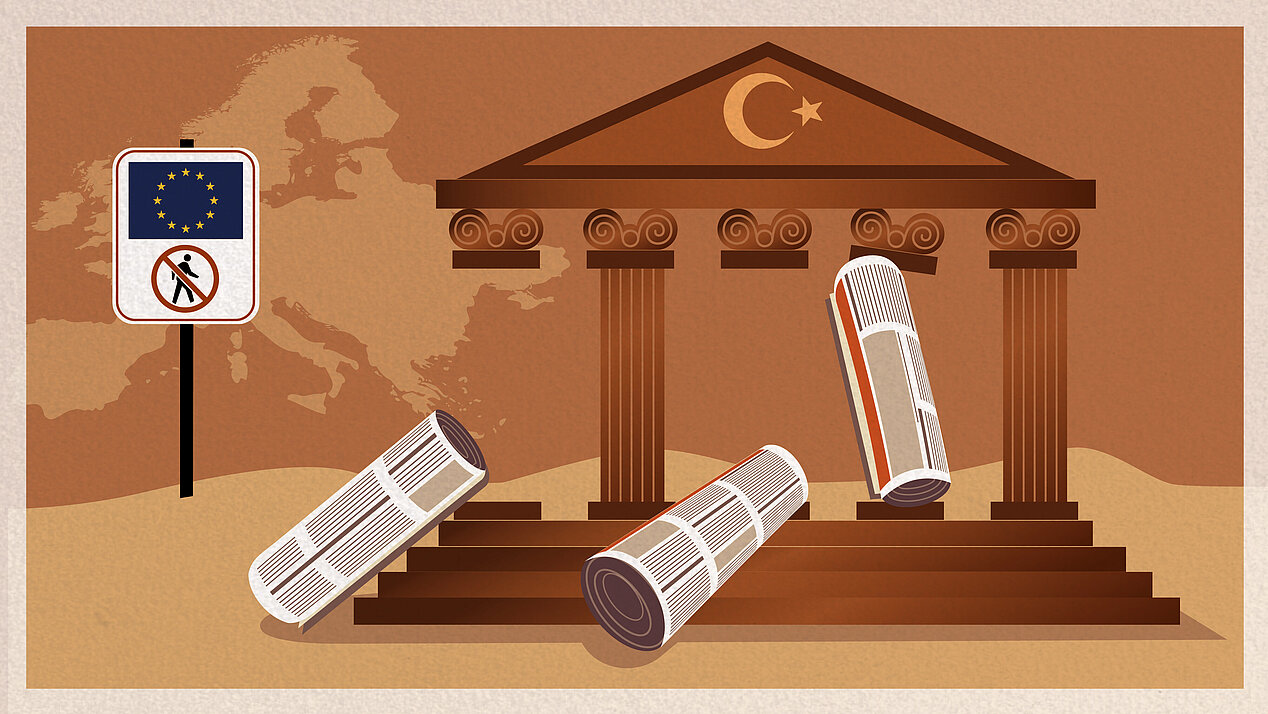 Illustration: A temple with pillars made of newspapers collapses.