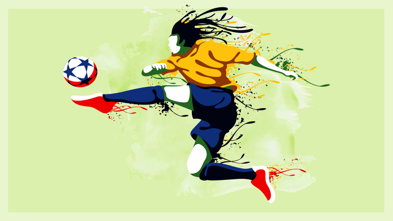 Illustration of a footballer in a yellow and blue jersey kicking a ball