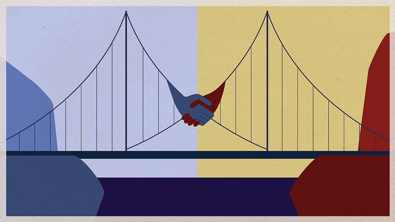Illustration: A suspension bridge over a precipice. Between the suspension cables two hands being shaken.