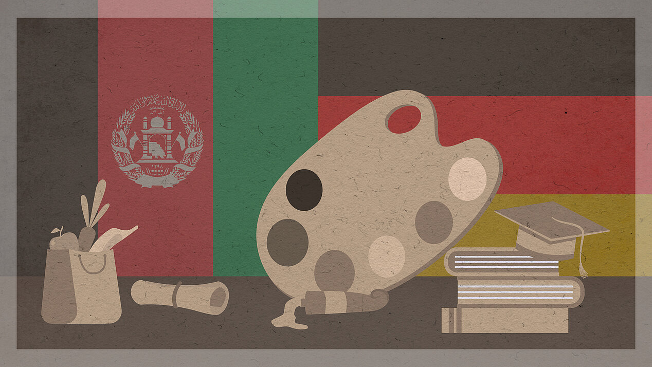 Various utensils for artists in front of the Afghan and German flags