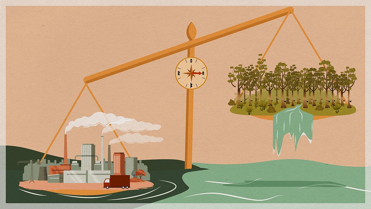 Illustration: A scale in the sea, in one scale pan is industry and hangs low, in the other scale pan are trees floating above.