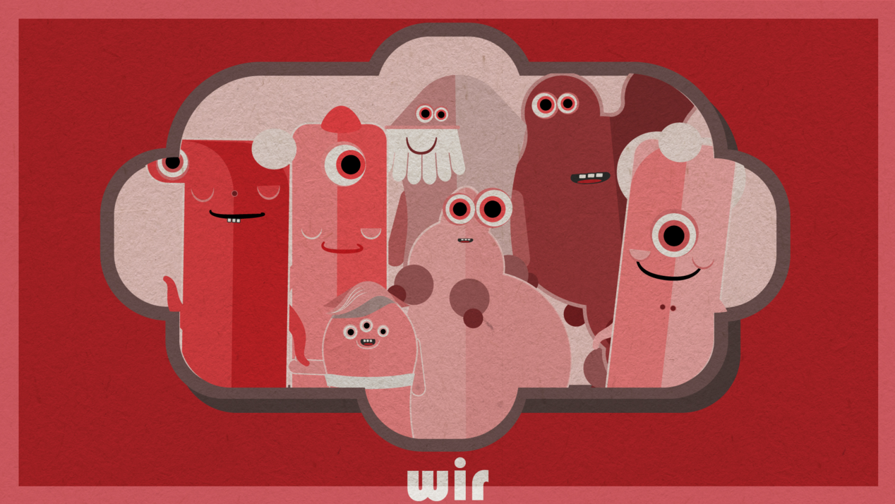 Illustration: A group of creatures is standing toghter in a frame. Under the frame it says "we".