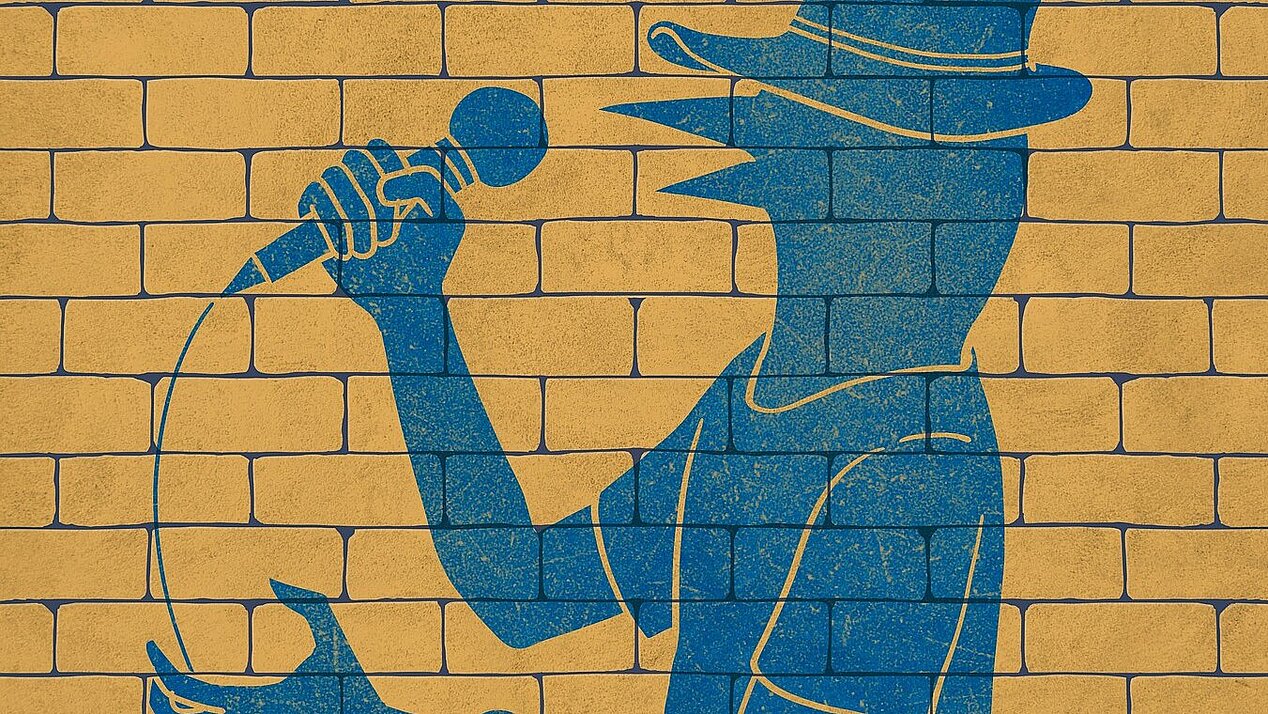 Wandmalerei auf eine Backsteinmauer: Ein Mensch mit Vogelgesicht singt in ein Mikrofon
