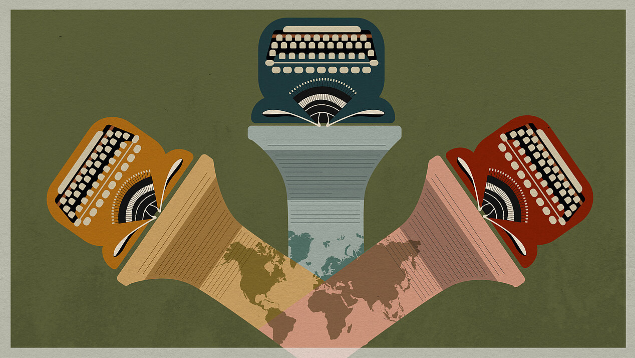 Illustration: Drei Schreibmaschinen in verschiedenen Farben stehen auf Säulen die Europa präsentieren.