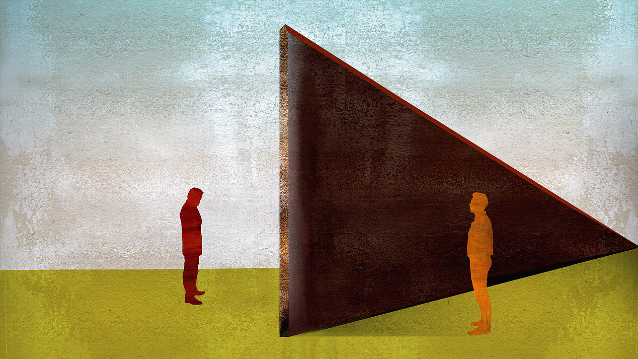 Illustration: Zwei Personen sind durch eine Mauer voneinander getrennt.