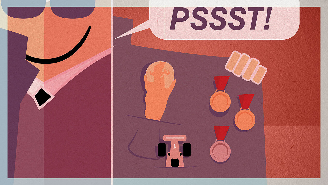 illustration: A figure that looks like a businessman opens his jacket pocket. Inside is a trophy and several medals. The figure says "Pssst!"!".