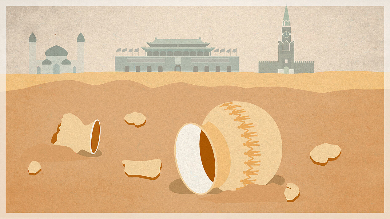 Illustration: Jars and shards in the desert, buildings in the background.