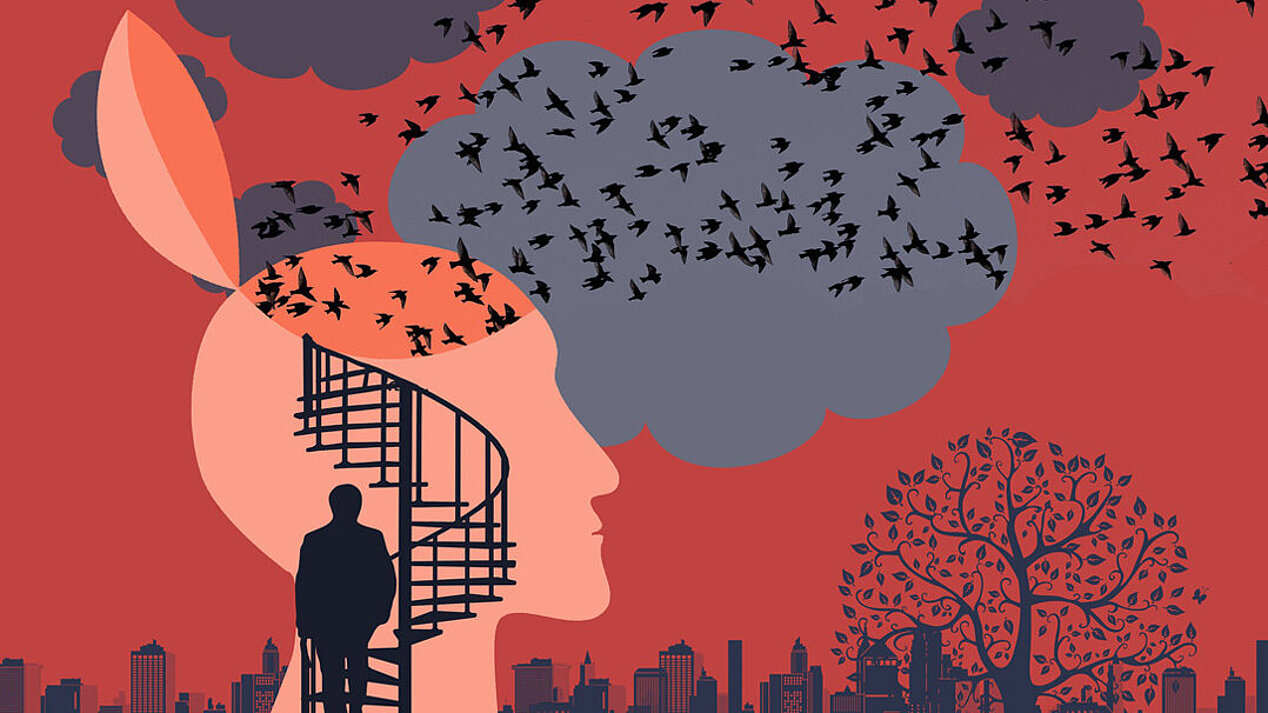 Metaphor for enlightenment. A flock of birds flies out of a head. A man climbs up a spiral staircase to the open head. In the background clouds, a skyline and a tree.