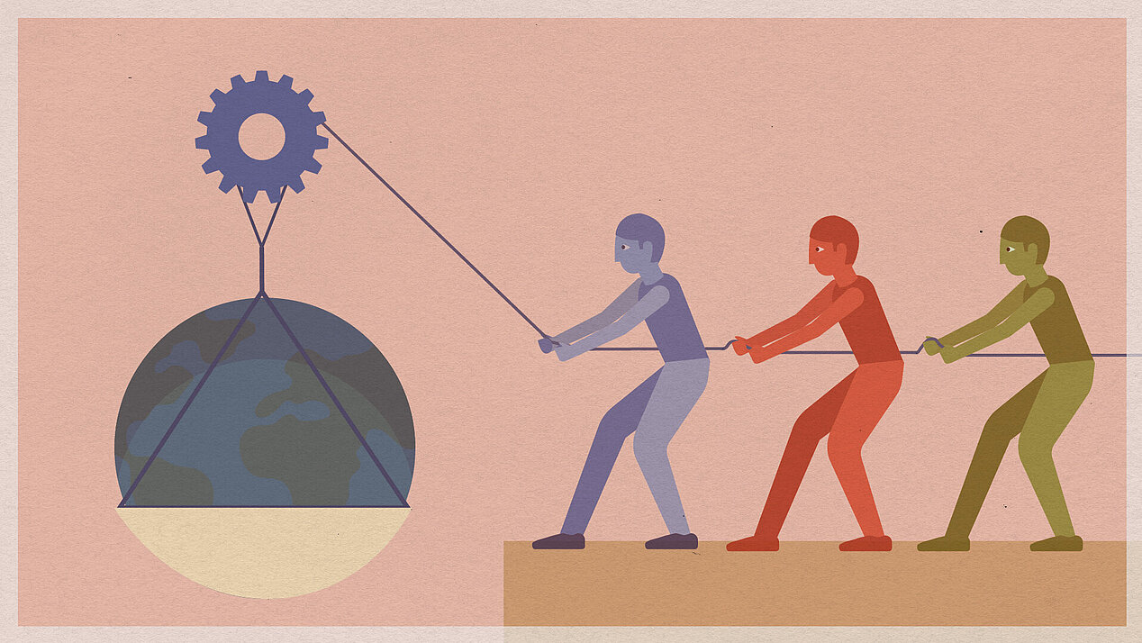 Illustration: Three people are puling on a rope to lift the earth up. ie Erde hochzuholen.