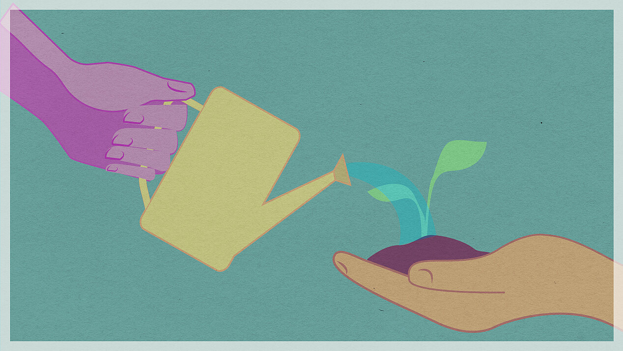 Illustration: Plant in hand is watered.