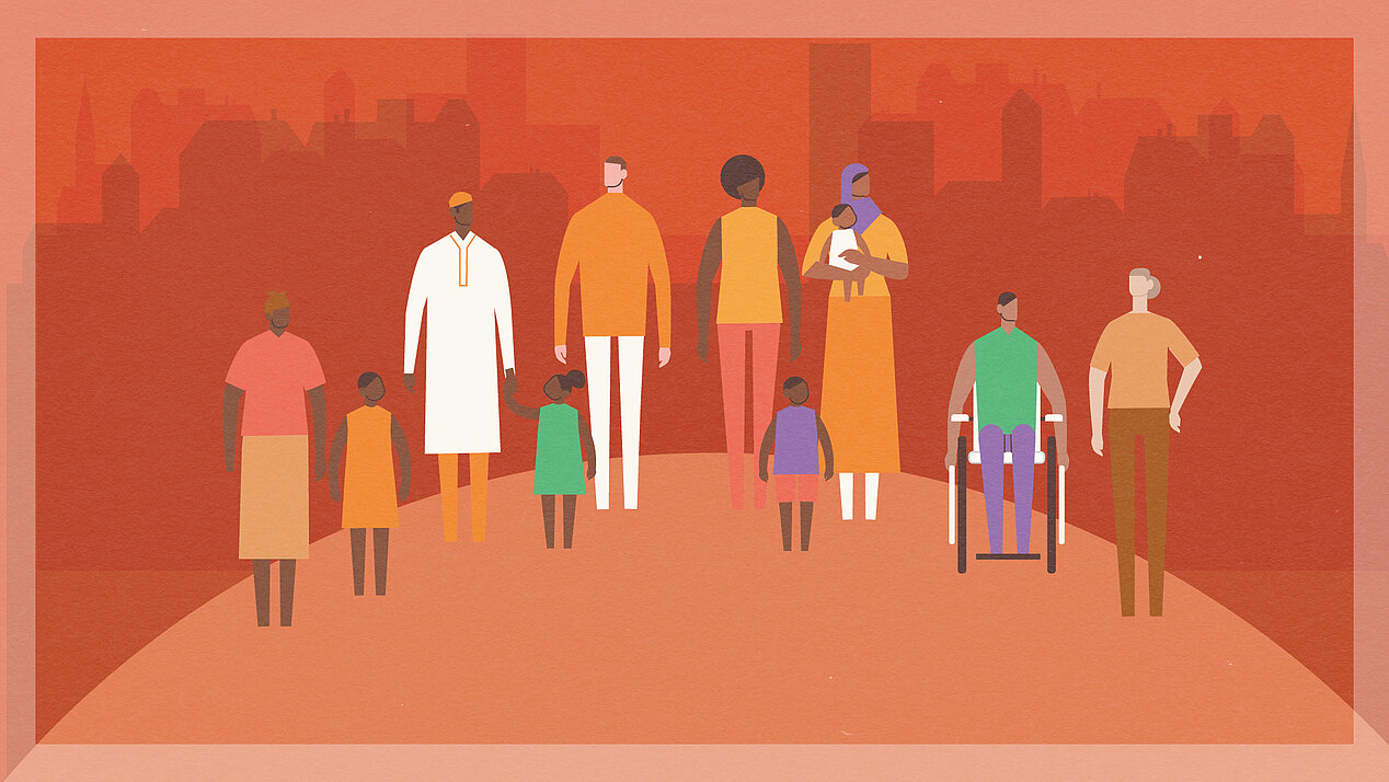 Illustration: Menschen verschiedener Herkunft, im Hintergrund Stadtsilhouette