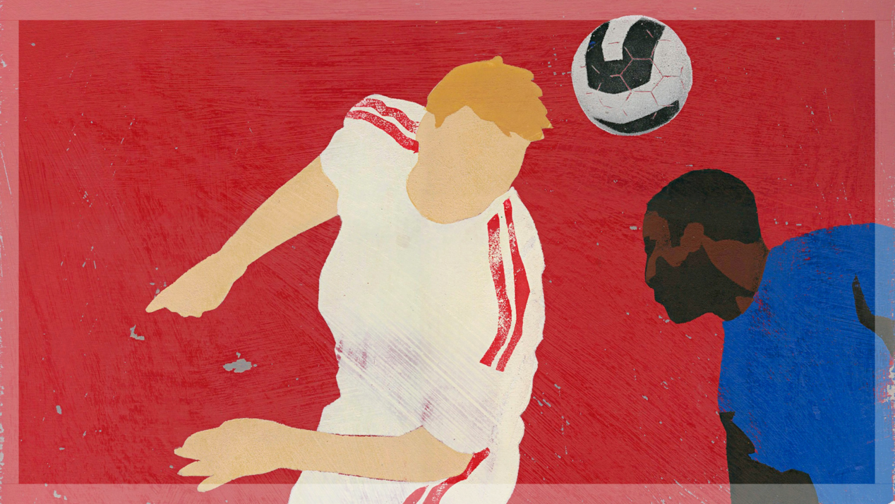 Illustration shows two men playing soccer.