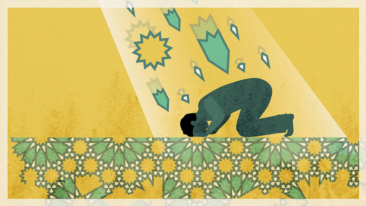 Illustration: One person is on his knees on the floor and is crouching down.