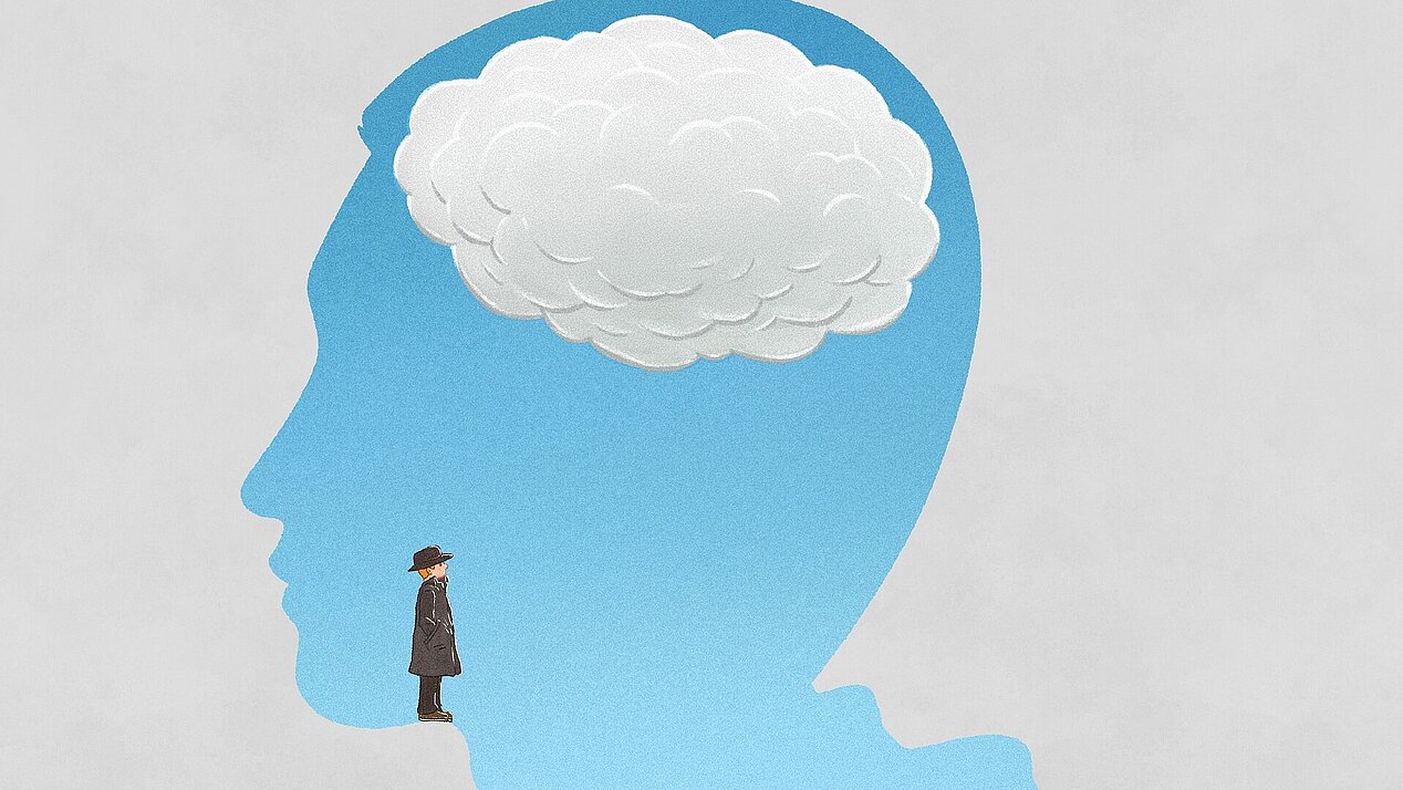 Illustration: Person standing in human head, looking at a cloud. 