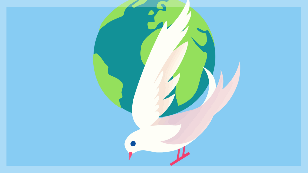 Illustration of a dove flying in front of the globe.