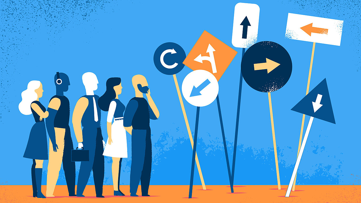 Illustration: People standing in front of a group of signs with arrows pointing in different directions.
