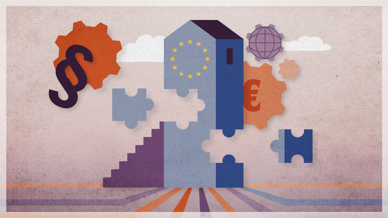 Illustration: Hochhaus mit EU-Flagge, dem verschiedene Puzzle-Teile fehlen mit Dollar und Eurozeichen im Hintergrund.