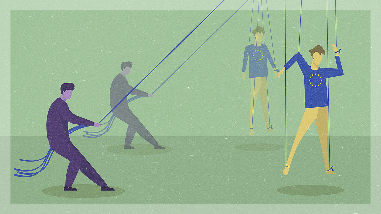 Illustration: Two puppeteers pull on strings from which life-size men wearing EU shirts hang.