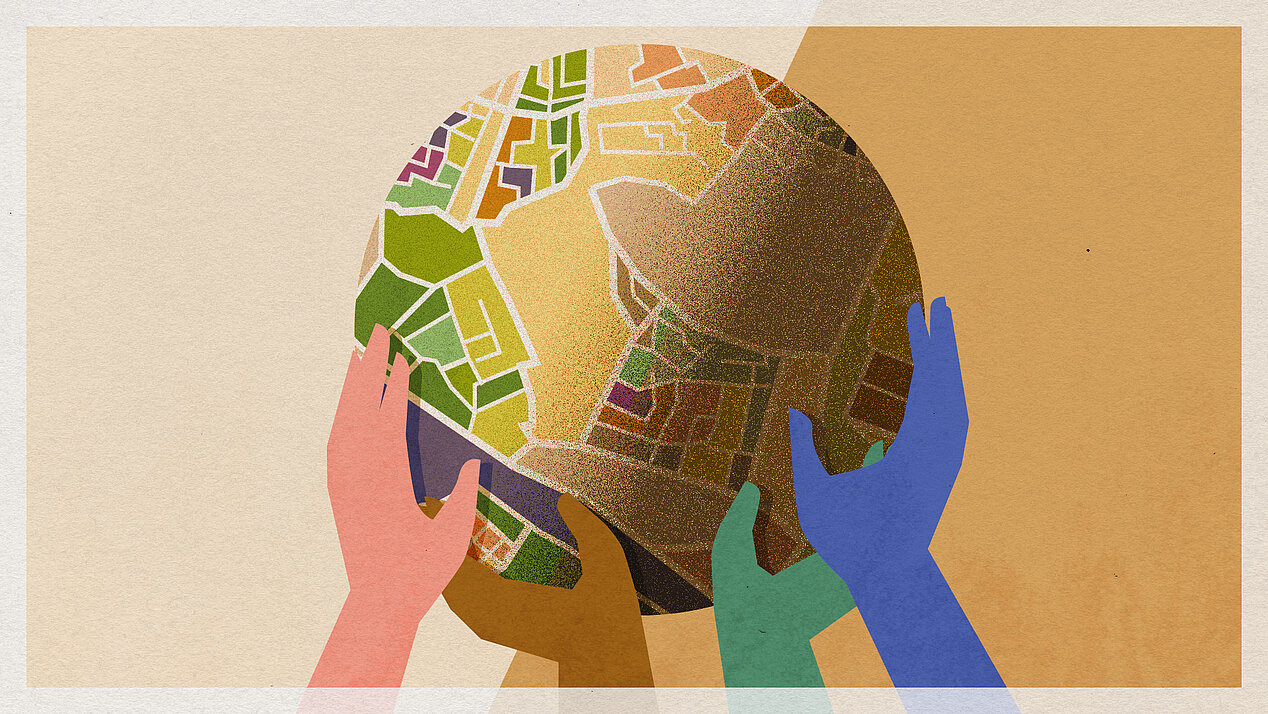 Illustration: Hands hold a globe up in the air.