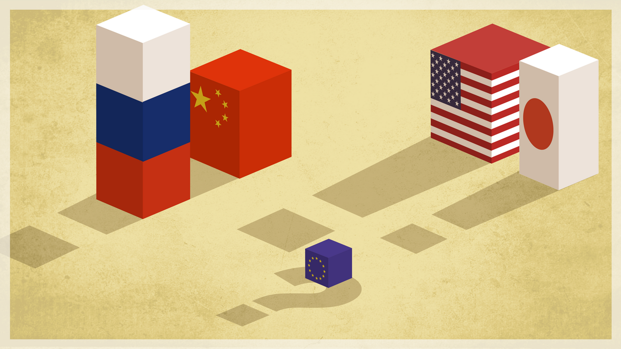 Illustration: On the left are cuboids with Russian and Chinese flags, on the right are cuboids with U.S. and Japanese flags, whose shadows each represent exclamation points. In the center is a small cuboid with a European flag, whose shadow takes the form of a question mark.