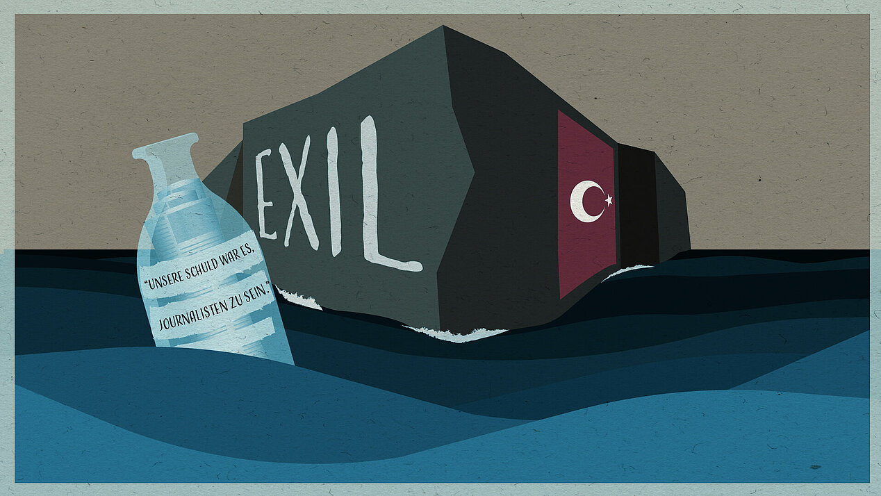 Illustration: Eine Insel auf der das Wort "Exile" steht, davor schwimmt eine Wasserflasche. Auf dem Etikett steht: Unsere Schuld war es, Journalisten zu sein.
