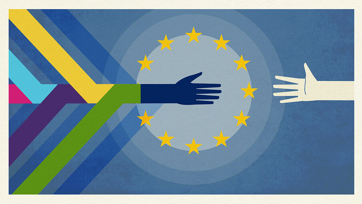 Illustration: eine ausgestreckte Hand in EU Farben gelb und blau greift nach einer anderen Hand. 
