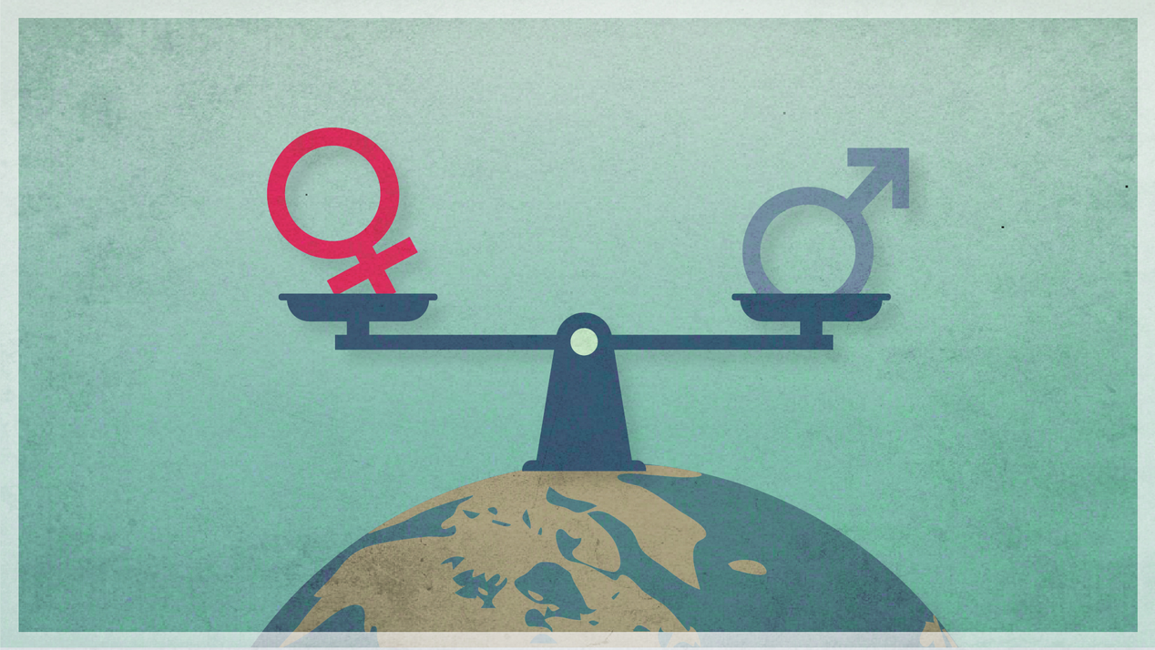 Illustration: Eine Waage auf einer Weltkugel mit dem Zeichen für weiblich und männlich rechts und links.