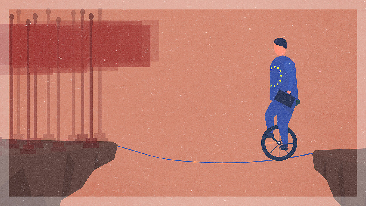 Illustration: Ein Mann überquert eine Schlucht auf dem Einrad.