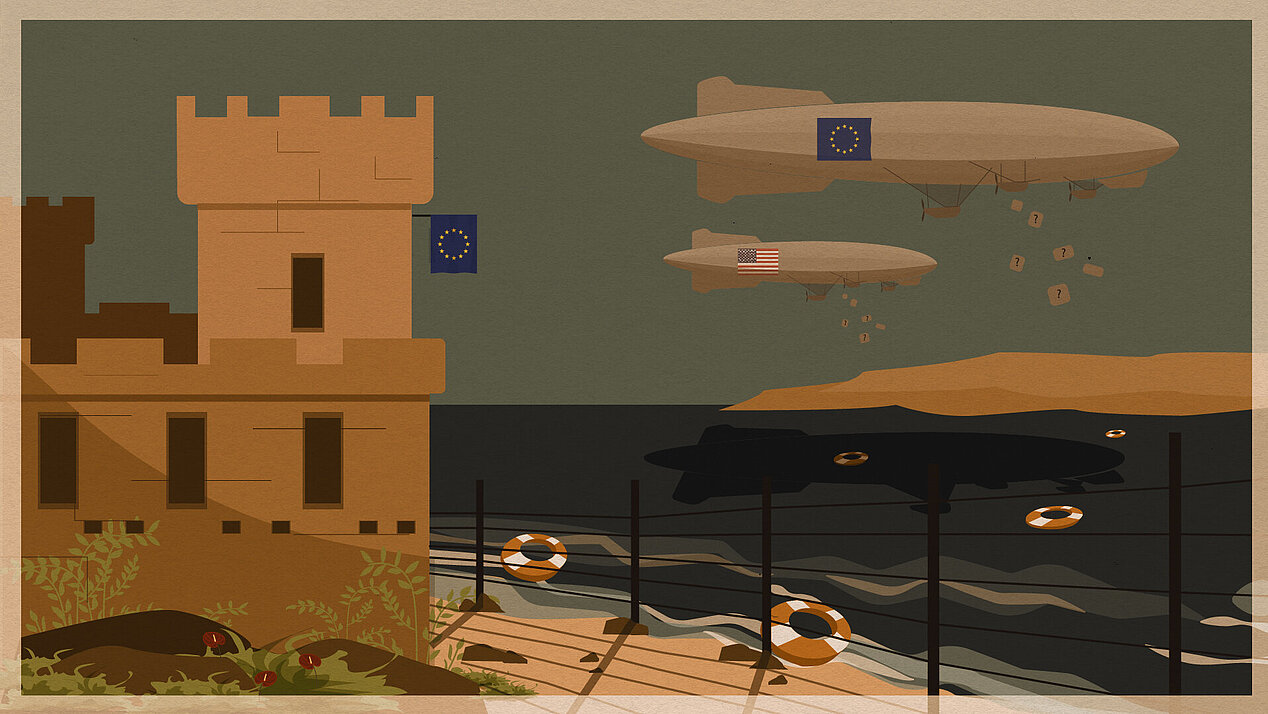 Illustration: The EU as a forstress is trying to promote its values overseas by dropping them out of a zeppelin. 