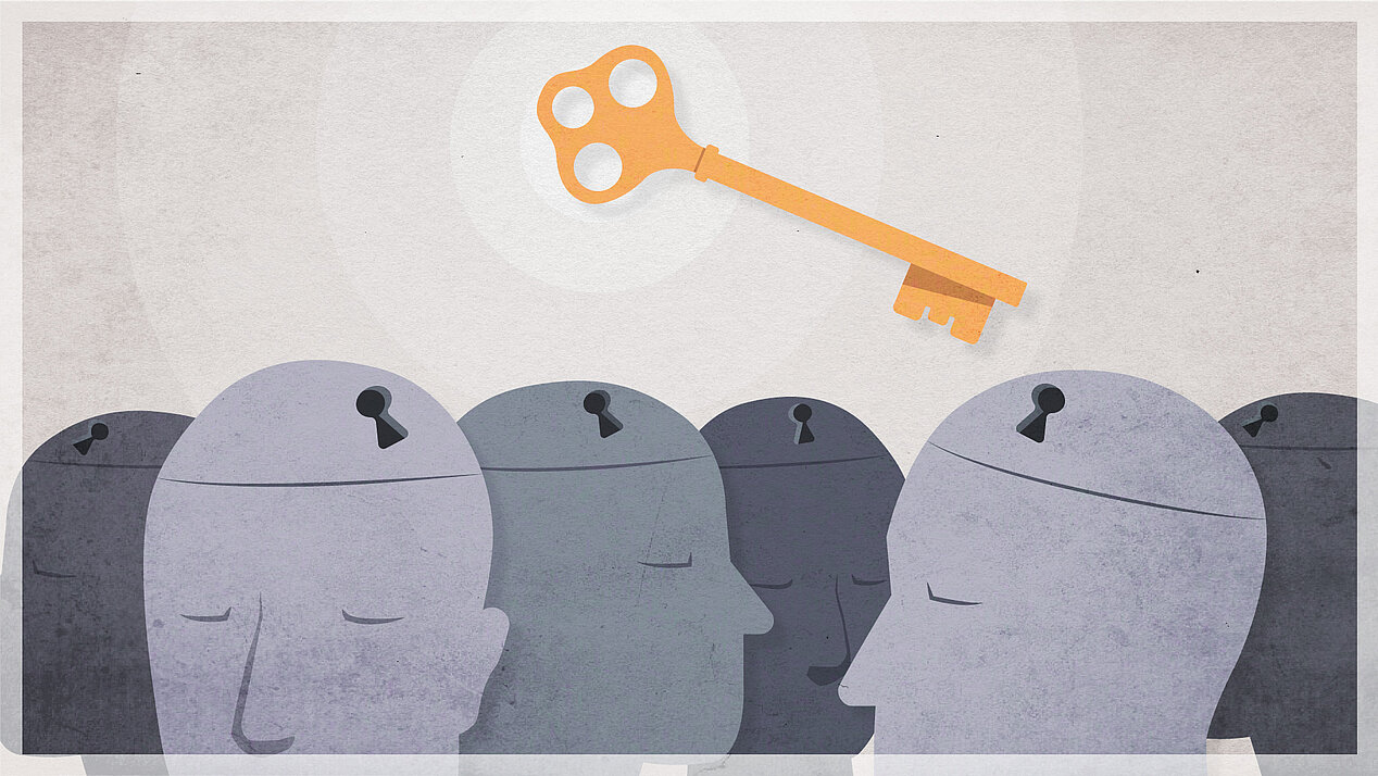 Illustration shows six heads with keyholes and a large key above them.