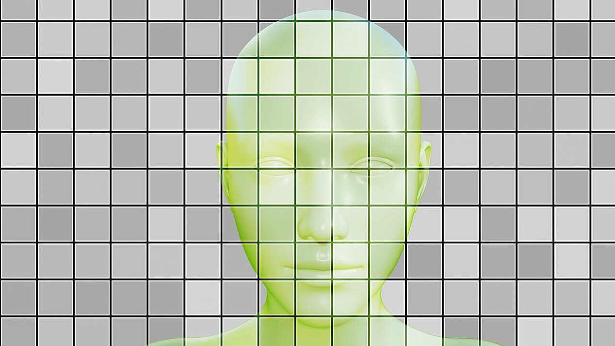 Illustration: Face on gray tiles.