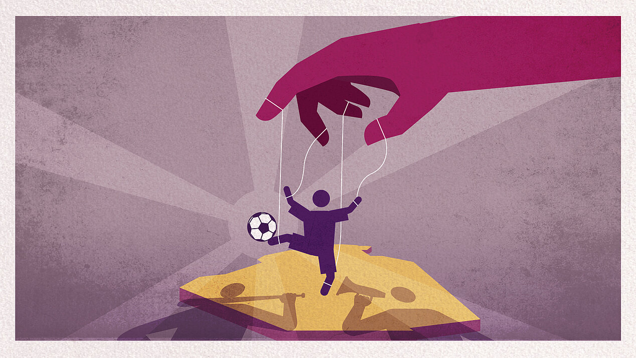 Illustration: A large hand moves with the help of threads a soccer player juggling a ball and standing on a yellow stage. The shadows of two fans are reflected on the stage floor - one carries a megaphone, the other a baton.