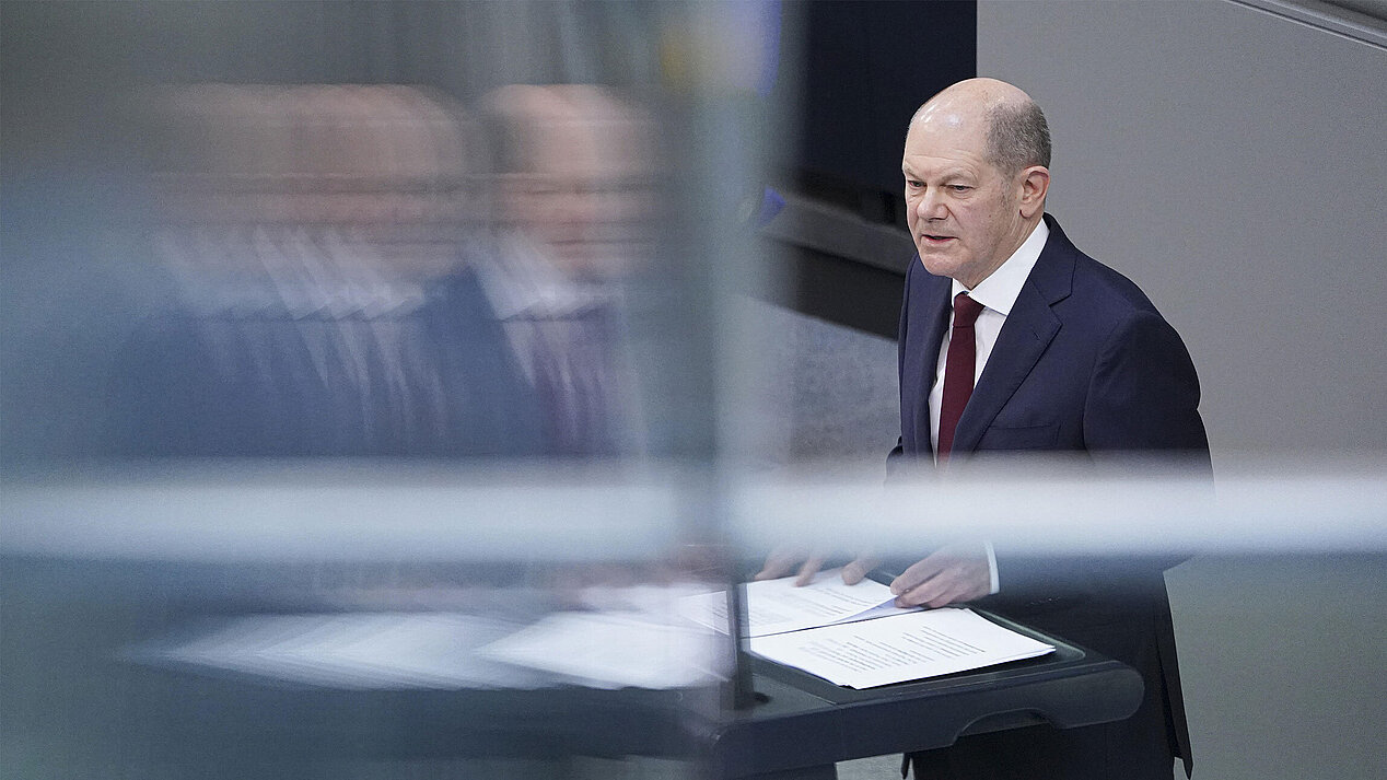 Photo of German Chancellor Olaf Scholz during a speech in the Bundestag.
