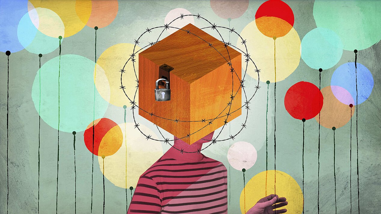 Illustration: Frau mit Kopf in verschlossener Kiste, umgeben von Stacheldraht und Luftballons.