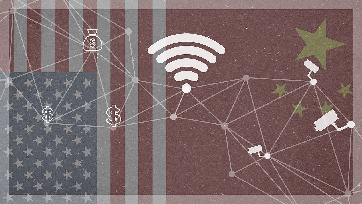 Illustration: Net with money symbols and surveillance cameras in front of the flags of the USA and China