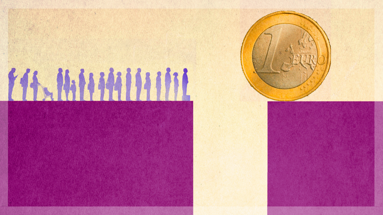Illustration shows a group of people in front of a big gap, opposite a large euro coin.