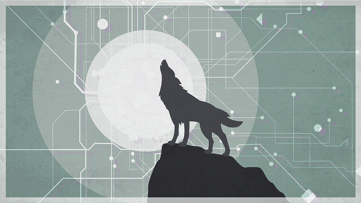 Illustration: A wolf howls at a digital sky