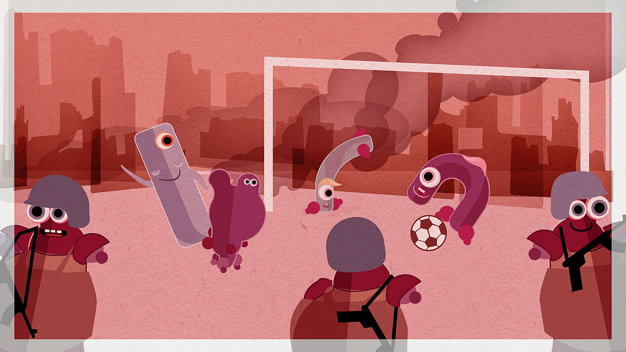 Illustration: Figuren spielen Fußball, daneben stehen Figuren mit Waffen.