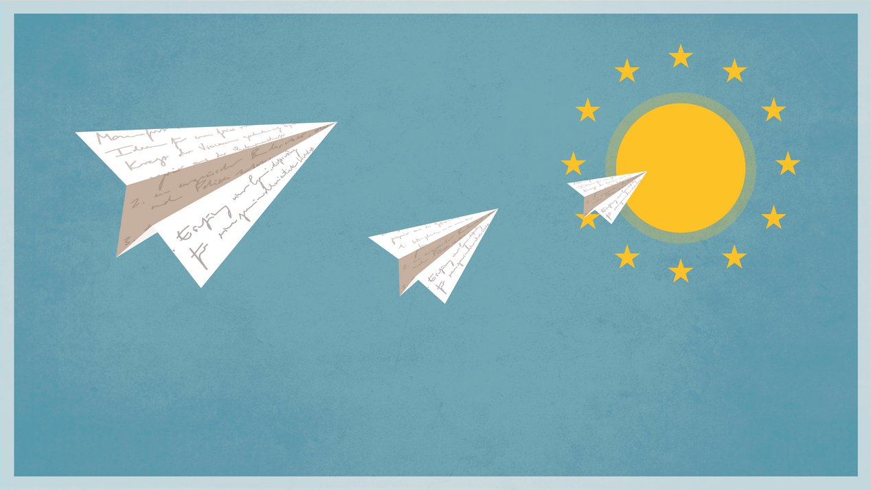 Illustratioin: Papierflieger fliegen in Richtung Sonne, deren Strahlen, die Sterne der EU sind.