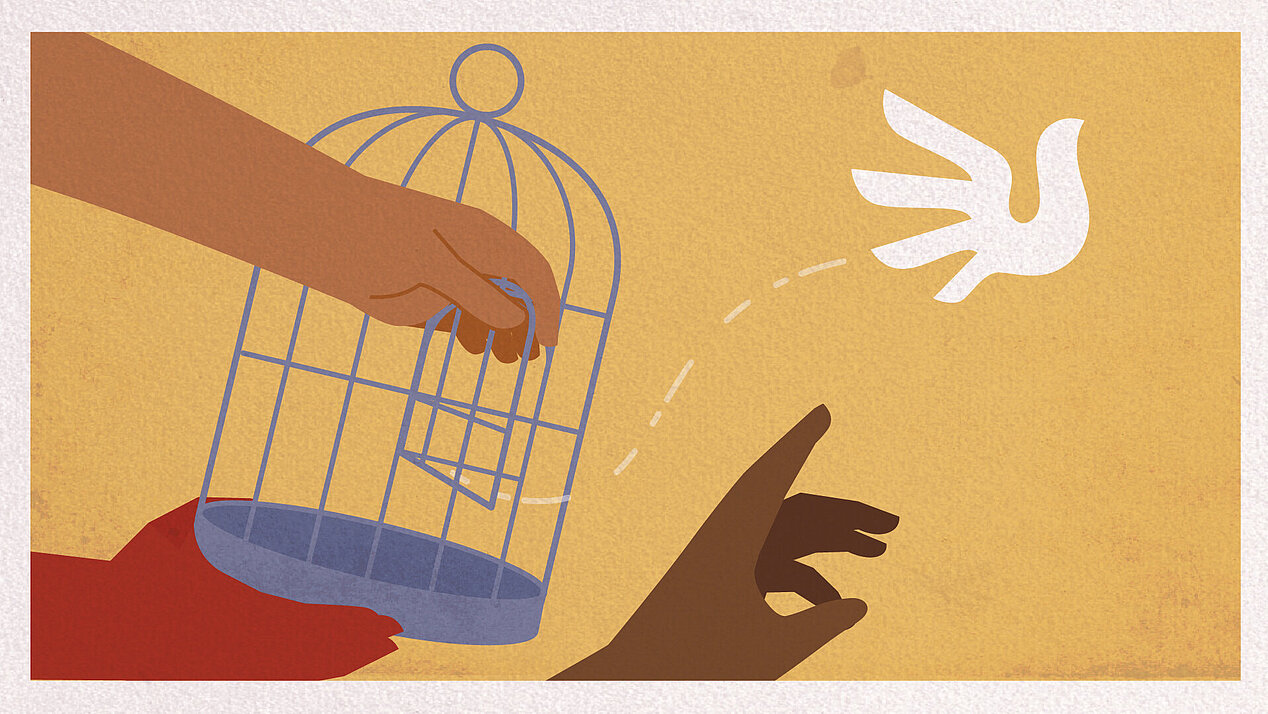 Eine weiße Taube wird freigelassen. Der Käfig wird von mehreren Händen gehalten.
