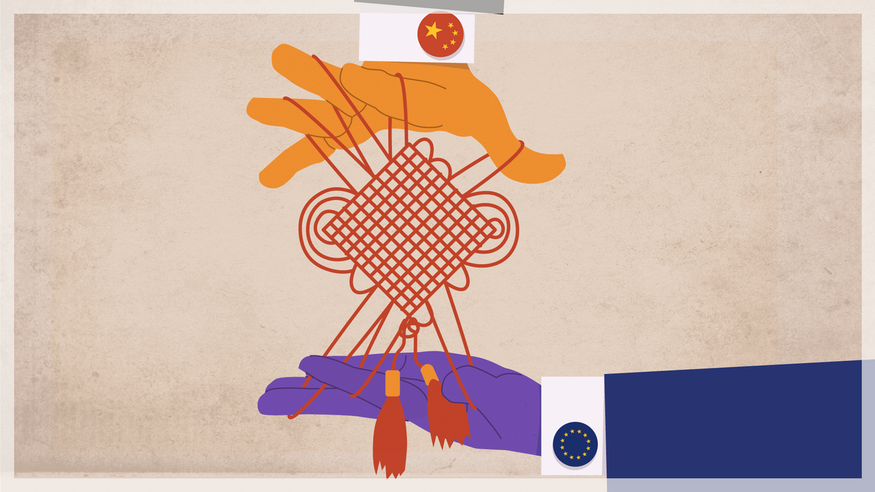 Illustration: Two hands (China and the EU) spin a web.