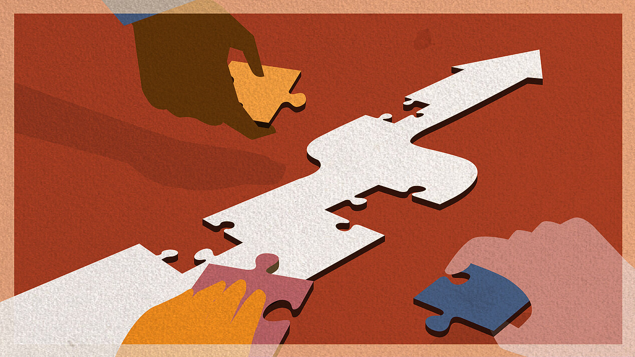 Illustration: Hands assemble or disassemble (?) an arrow with puzzle pieces.
