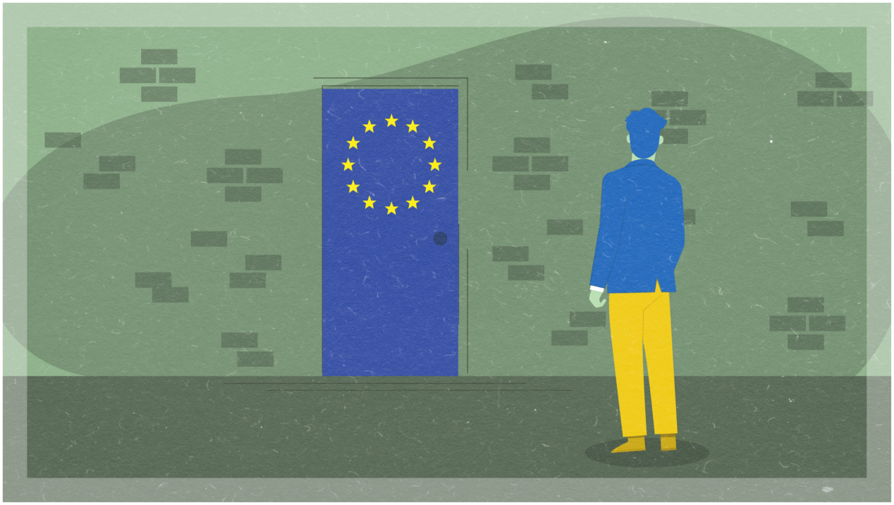 Illustration: In den Farben der Ukraine gekleideter Mann steht vor einer Tür zur Europäischen Union.