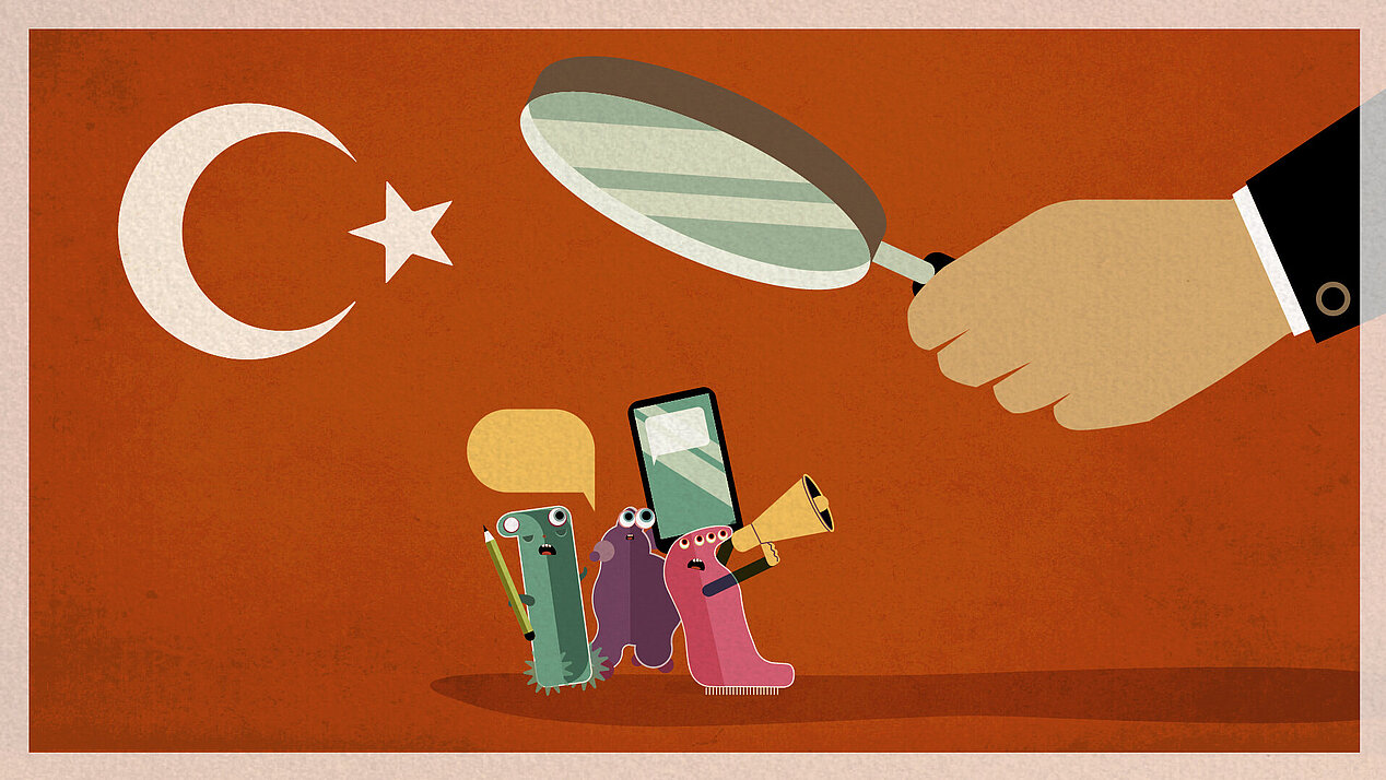 Illustration: In front of the Turkish flag, a hand holds a large magnifying glass on civilians.