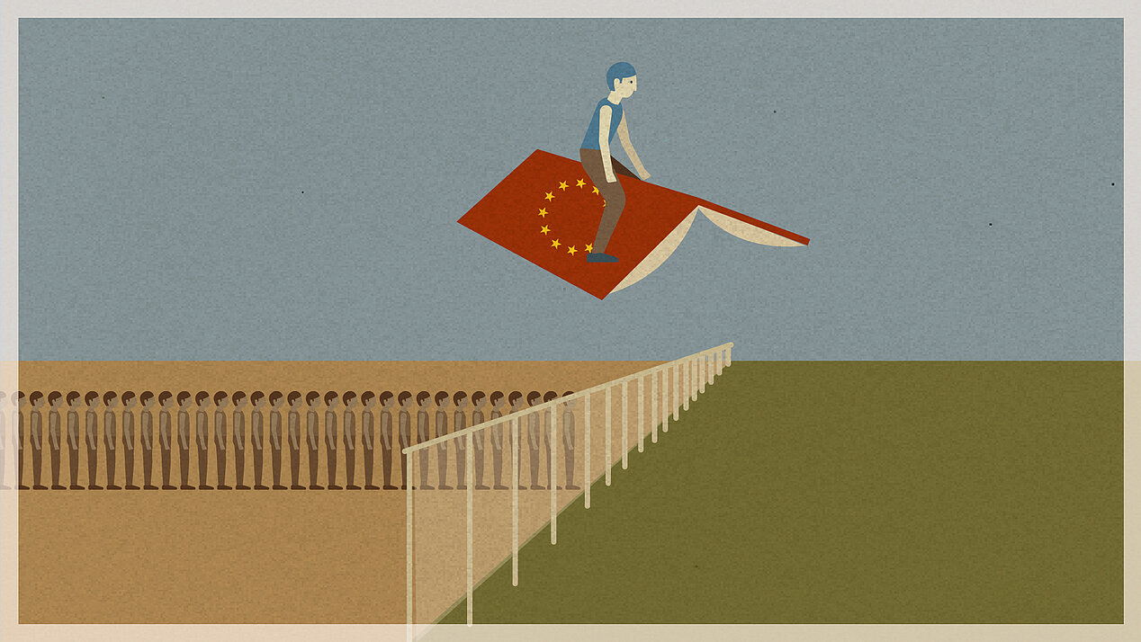 Illustration: Eine Person sitzt auf einem deutschen Reisepass und fliegt über einen Stacheldrahtzaun.