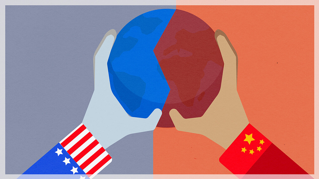 Illustration: Two hands are holding up the planet Earth. One of them is in the colours of the Americna flag, the other is in the colours of the chinese flag.