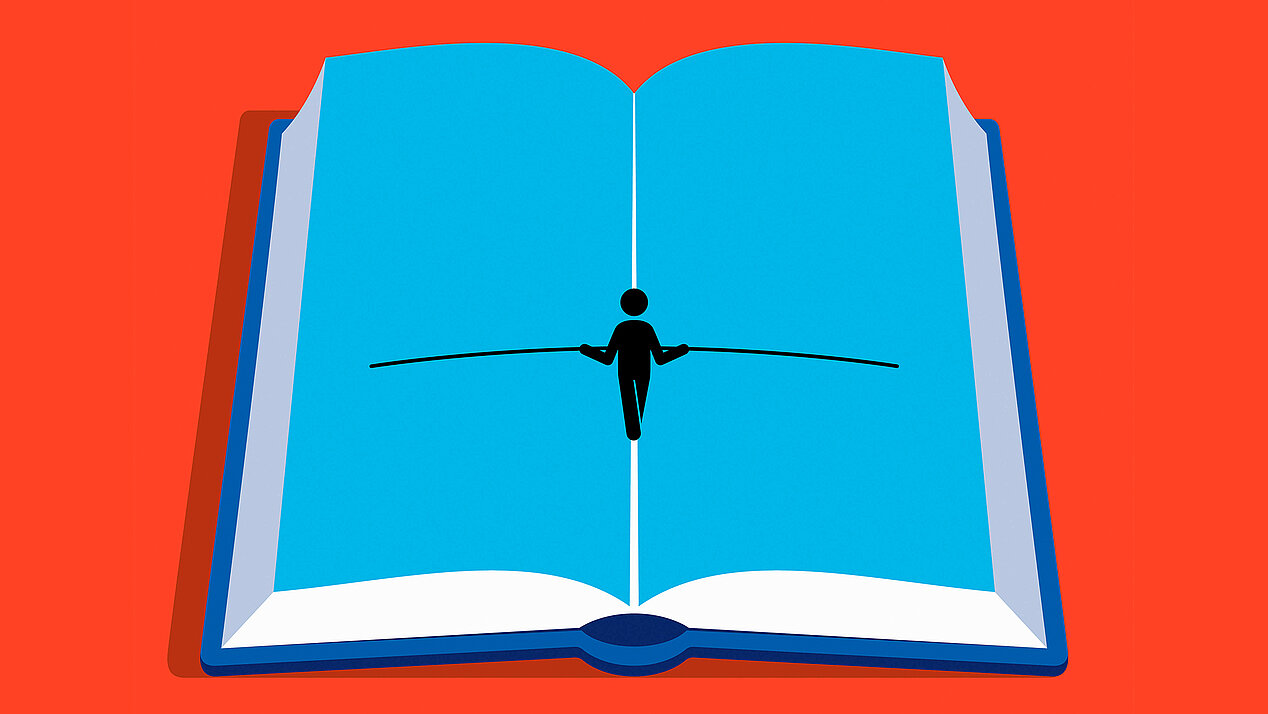 Illustration: A figure is balancing on an open book.